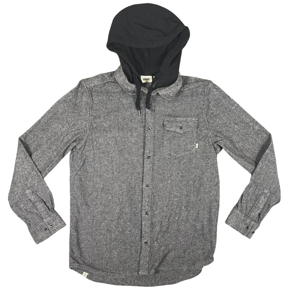 Vans Mens Hooded Flannel Shirt Gray Black Long Sleeve Button Up‎ VN0A4V8HBLK M